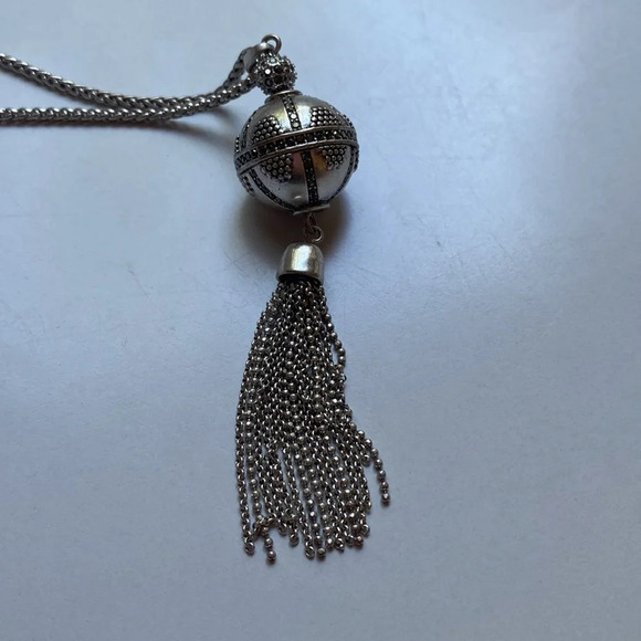 Lucky Brand Two Tone Scroll Ball Tassel‎ 30" Necklace Tassel Disco Pendant Long - Picture 1 of 6
